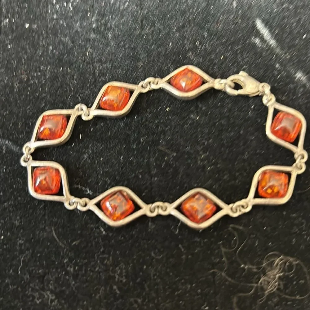 Vintage Amber Silver Bracelet jewel accessory Fossil charm stone diamond design